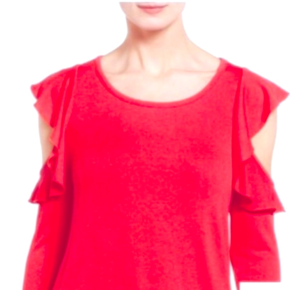 Pleione - Ruffled Cold Shoulder Sweater in Coral Red
